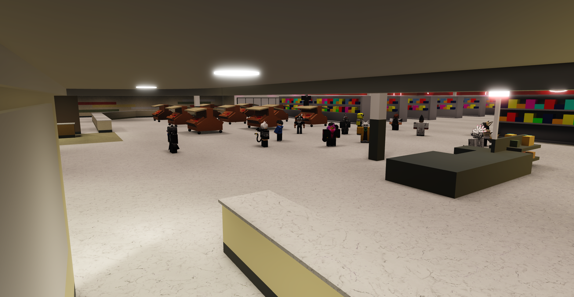 People shopping in the aisles, blurred as if from an old camera.